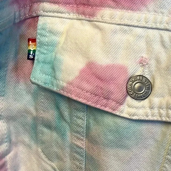 Levi's Tie Dye‎ Denim Trucker Jacket Pink Blue White Cotton Rainbow Tab SmUnisex - Picture 2 of 10